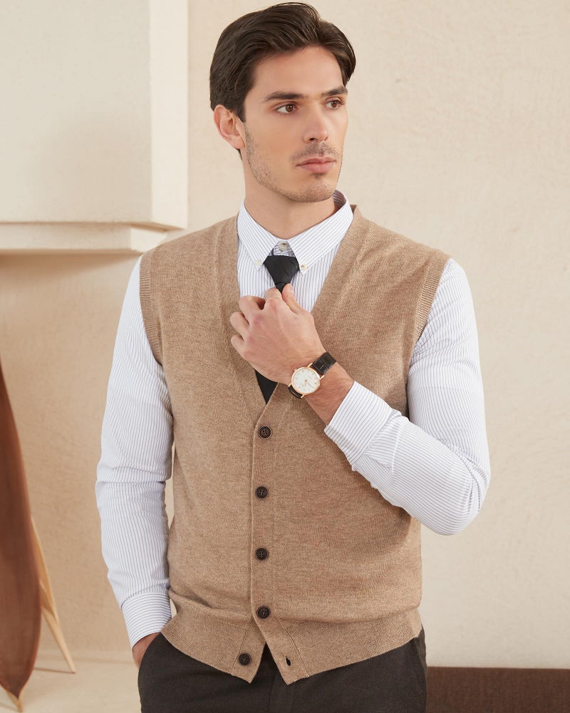 Kallspin Men's Sweater Vest Wool Blend V-Neck Button Sleeveless Cardigan Vest Sweater (Coffee, 2X-Large) - Image 5